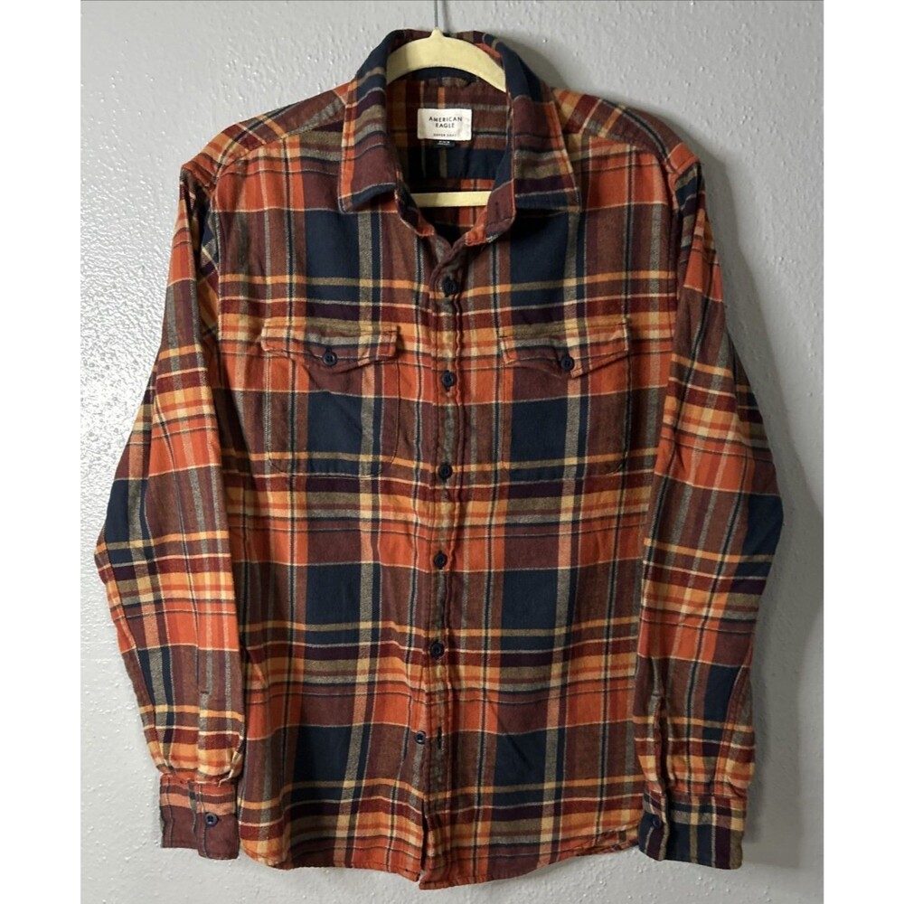 American Eagle Orang Blue Plaid Super Soft Flannel Shirt Men's 100% Cotton M